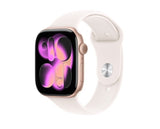 Apple Watch S11 GPS 46mm Розово-златно алуминиумско куќиште со светло сина спортска лента - S/M
