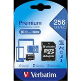 Безбедна дигитална микро Verbatim 256GB премиум SDXC ултра голема брзина I класа 10 со адаптер