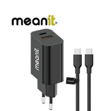 USB универзален полнач за напојување MeanIT тип-C 45W 2xPort со кабел тип-C 1,5м црн