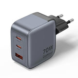 VENTION GaN Полнач 3-Портен USB (C+C+A) (70W/70W/22.5W) EU-Приклучок Сив