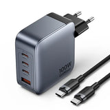 VENTION GaN полнач со 4 порти USB (C + C + C + A) (100W/100W/30W/30W) Сив со USB-C на USB-C кабел (1M) Црн EU-приклучок